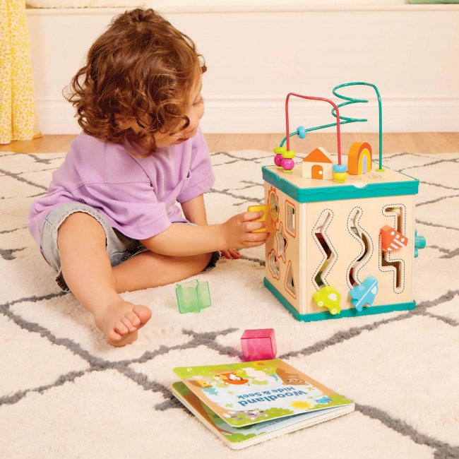 Drewniana kostka edukacyjna z sorterem, labiryntem i książeczką - Lil’ Learning Cube 8 el.