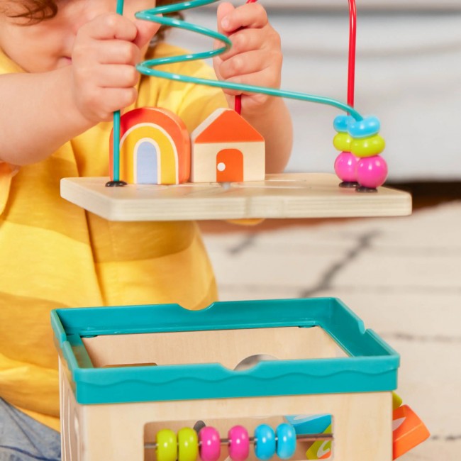 Drewniana kostka edukacyjna z sorterem, labiryntem i książeczką - Lil’ Learning Cube 8 el.