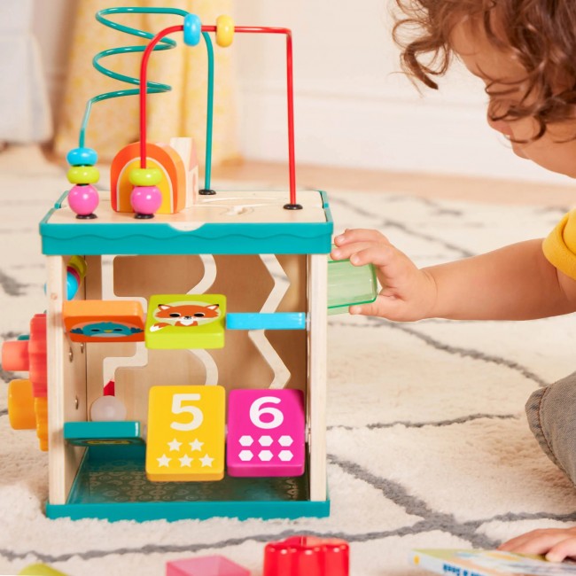 Drewniana kostka edukacyjna z sorterem, labiryntem i książeczką - Lil’ Learning Cube 8 el.