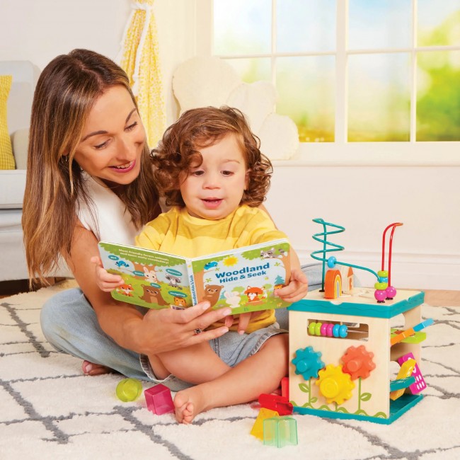 Drewniana kostka edukacyjna z sorterem, labiryntem i książeczką - Lil’ Learning Cube 8 el.