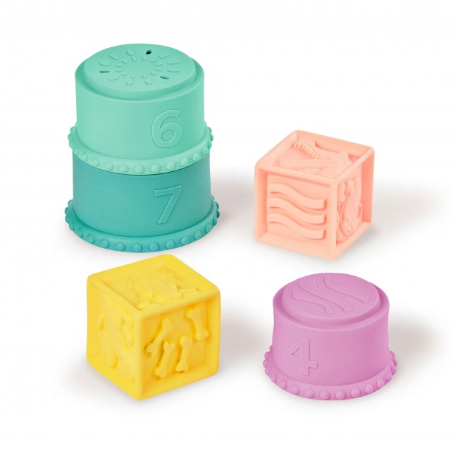 Miękkie kubeczki i klocki sensoryczne 2w1 B. Toys - Stackin’ Squishies 17 el.