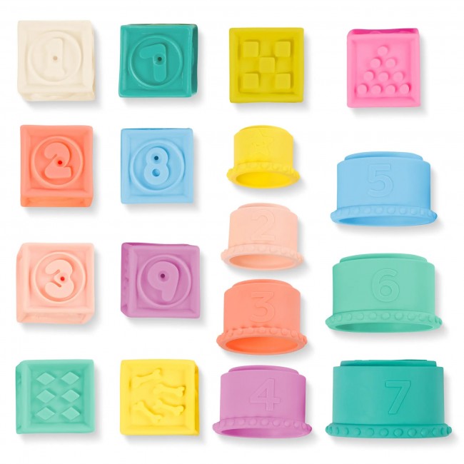 Miękkie kubeczki i klocki sensoryczne 2w1 B. Toys - Stackin’ Squishies 17 el.