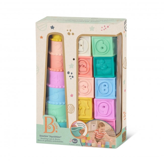 Miękkie kubeczki i klocki sensoryczne 2w1 B. Toys - Stackin’ Squishies 17 el.