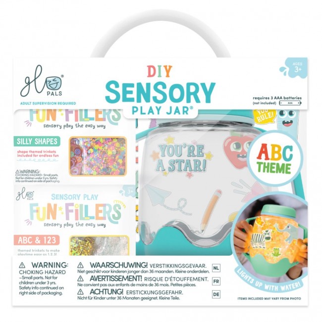 Słoik sensoryczny do napełnienia wodą Glo Pals z akcesoriami - ABC