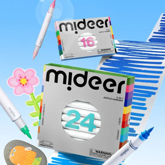 Markery akrylowe dwustronne 2w1 mideer – 16 kolorów